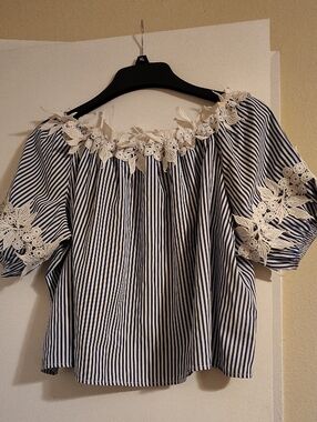 Striped Blue & White Off-Shoulder Lace Trim Top